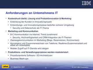 Anforderungen an Unternehmens IT Kostendruck bleibt, Lösung sind Produktinnovation & Marketing Einbindung der Kunden in Innovationsprozeß Entwicklungs- und Innovationsprozesse bedürfen sicherer Umgebung Security und Datenschutz als IT-Thema Marketing und Kommunikation B-C Kommunikation via Internet: Trend zunehmend Security, Hochverfügbarkeit und CRM-Integration als IT-Themen Zweiwegekommunikation im Marketing (Blogs, Rezensionen, Kommentare) Konvergenz und Zusammenwachsen von Telefonie, Realtime-Zusammenarbeit und eMail am Arbeitsplatz Mobiler Zugriff auf IT-Dienste wird steigen Produktions- und Verwaltungsprozesse werden modularisiert Prozeßorientierte Software / SO-Architekturen Business Mash-ups 