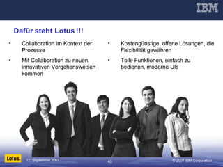 Dafür steht Lotus !!! Collaboration im Kontext der Prozesse Mit Collaboration zu neuen, innovativen Vorgehensweisen kommen Kostengünstige, offene Lösungen, die Flexibilität gewähren Tolle Funktionen, einfach zu bedienen, moderne UIs 