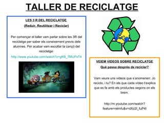 TALLER DE RECICLATGE
LES 3 R DEL RECICLATGE
(Reduir, Reutilitzar i Reciclar)
Per començar el taller vam parlar sobre les 3R del
reciclatge per saber els coneixement previs dels
alumnes. Per acabar vam escoltar la cançó del
reciclatge:
http://www.youtube.com/watch?v=gKB_7MUPxT4
VEIEM VIDEOS SOBRE RECICLATGE
Què passa després de reciclar?
Vam veure uns videos que s’anomenen: Jo
reciclo, i tu? En els que cada vídeo t’explica
que es fa amb els productes segons on els
tirem.
http://m.youtube.com/watch?
feature=relmfu&v=dXz2I_fuP4I
 