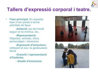 Tallers d’expressió corporal i teatre.
• Fase principal. En aquesta
fase s’han portat a terme
activitats de tipus:
-Imitació: joc del mirall,
seguir al rei,mímica, etc..
-Representació:
Objectes, animals, oficis,
personatges i situacions
-Expressió d’emocions:
Utilitzant el cos i la gesticulació
facial.
-Creació i representació
d’històries.
- Gestió d’emocions
 