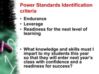 A Word About “Unwrapped” Power Standards…Unwrapping standards is “just good teaching”Helps make connections to other areas of studyUtilize higher order thinking skills (blooms taxonomy)Incorporates Enduring UnderstandingsEngages students by setting a purpose and uses Essential QuestionsAssessment using Multiple Intelligences and Learning Styles