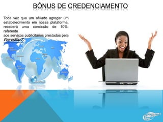 .
Toda vez que um afiliado agregar um
estabelecimento em nossa plataforma,
receberá uma comissão de 10%,
referente
aos serviços publicitários prestados pela
PowerStar7.
 