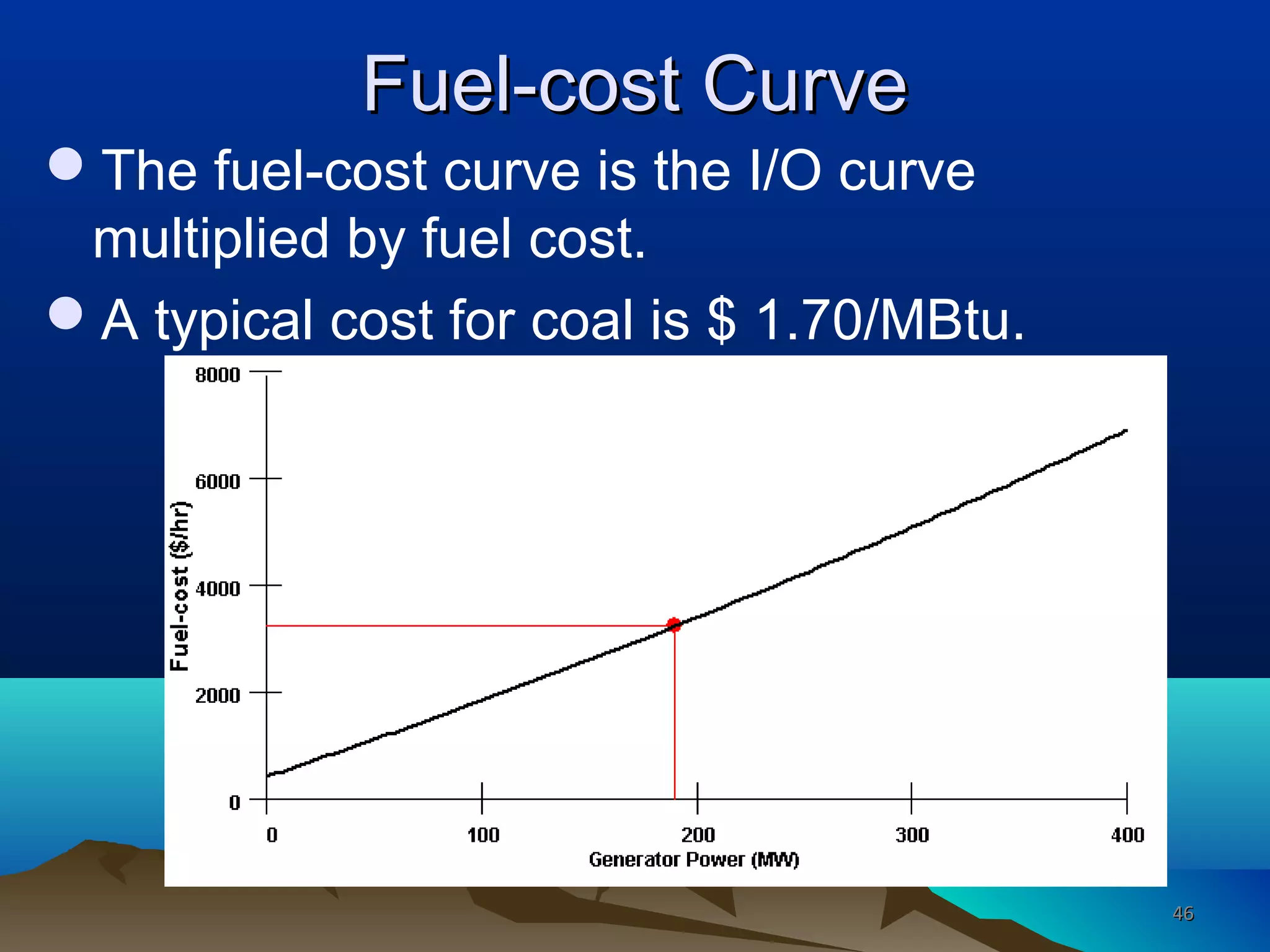 Fuel-cost CurveFuel-cost Curve
The fuel-cost curve is the I/O curve
multiplied by fuel cost.
A typical cost for coal is $ 1.70/MBtu.
4646
 