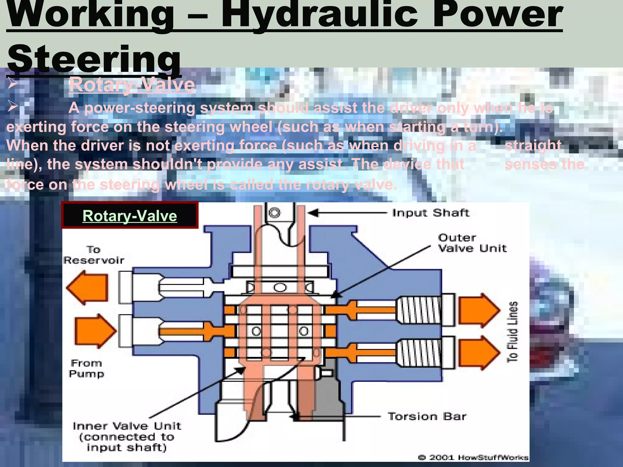 Working – Hydraulic Power Steering Rotary-Valve A power-steering system should assist the driver only when he is  exerting force on the steering wheel (such as when starting a turn).  When the driver is not exerting force (such as when driving in a  straight line), the system shouldn't provide any assist. The device that  senses the force on the steering wheel is called the rotary valve.   Rotary-Valve 