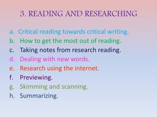 3. READING AND RESEARCHING
a. Critical reading towards critical writing.
b. How to get the most out of reading.
c. Taking notes from research reading.
d. Dealing with new words.
e. Research using the internet.
f. Previewing.
g. Skimming and scanning.
h. Summarizing.
 