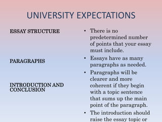 UNIVERSITY EXPECTATIONS
ESSAY STRUCTURE
PARAGRAPHS
INTRODUCTION AND
CONCLUSION
• There is no
predetermined number
of points that your essay
must include.
• Essays have as many
paragraphs as needed.
• Paragraphs will be
clearer and more
coherent if they begin
with a topic sentence
that sums up the main
point of the paragraph.
• The introduction should
raise the essay topic or
 
