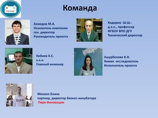 Команда
Хидиров Ш.Ш.-
д.х.н., профессор
ФГБОУ ВПО ДГУ
Технический директор
Ашурбекова К.Н.
Химик -исследователь
Исполнитель проекта
Михаил Бланк
партнер, директор бизнес-инкубатора
Пери Инновации
Ахмедов М.А.
Основатель компании
ген. директор
Руководитель проекта
Хибиев Х.С.
к.х.н.
Главный инженер
 