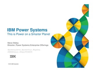© 2013 IBM Corporation
IBM Power Systems
This is Power on a Smarter Planet
Steve Sibley
Director, Power Systems Enterprise Offerings
#powersystems, #powerlinux, #bigdata,
#IBMWatson, #OpenPOWER
 
