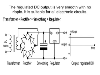The regulated DC output is very smooth with no
  ripple. It is suitable for all electronic circuits.
 