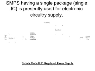 SMPS having a single package (single
   IC) is presently used for electronic
             circuitry supply.
                                               T1 (20 KHz)

                                                             ~             +


                                                             Rectifier 2

                                   20 KHz
        ~             +                                      ~             -
230 V
                                   Switched
AC                        +        Mode                                        +          Regulated
Mains   Rectifier 1                Voltage                                         Load   DC Output
Input                     -   C1   Regulator                                   -          Voltage


        ~             -




                          Switch Mode D.C. Regulated Power Supply
 