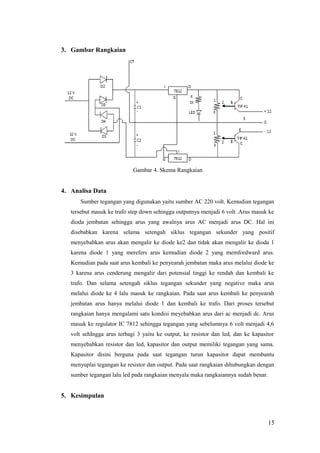 3. Gambar Rangkaian

Gambar 4. Skema Rangkaian

4. Analisa Data
Sumber tegangan yang digunakan yaitu sumber AC 220 volt. Kemudian tegangan
tersebut masuk ke trafo step down sehingga outputnya menjadi 6 volt .Arus masuk ke
dioda jembatan sehingga arus yang awalnya arus AC menjadi arus DC. Hal ini
disebabkan karena selama setengah siklus tegangan sekunder yang positif
menyebabkan arus akan mengalir ke diode ke2 dan tidak akan mengalir ke dioda 1
karena diode 1 yang merefers arus kemudian diode 2 yang memfordward arus.
Kemudian pada saat arus kembali ke penyearah jembatan maka arus melalui diode ke
3 karena arus cenderung mengalir dari potensial tinggi ke rendah dan kembali ke
trafo. Dan selama setengah siklus tegangan sekunder yang negative maka arus
melalui diode ke 4 lalu masuk ke rangkaian. Pada saat arus kembali ke penyearah
jembatan arus hanya melalui diode 1 dan kembali ke trafo. Dari proses tersebut
rangkaian hanya mengalami satu kondisi meyebabkan arus dari ac menjadi dc. Arus
masuk ke regulator IC 7812 sehingga tegangan yang sebelumnya 6 volt menjadi 4,6
volt sehIngga arus terbagi 3 yaitu ke output, ke resistor dan led, dan ke kapasitor
menyebabkan resistor dan led, kapasitor dan output memiliki tegangan yang sama.
Kapasitor disini berguna pada saat tegangan turun kapasitor dapat membantu
menyuplai tegangan ke resistor dan output. Pada saat rangkaian dihubungkan dengan
sumber tegangan lalu led pada rangkaian menyala maka rangkaiannya sudah benar.

5. Kesimpulan

15

 