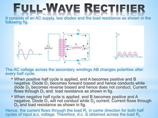 It consists of an AC supply, two diodes and the load resistance as shown in the
following fig.
The AC voltage across the secondary windings AB changes polarities after
every half cycle.
• When positive half cycle is applied, end A becomes positive and B
negative. Diode D1 becomes forward biased and hence conducts while
diode D2 becomes reverse biased and hence does not conduct. Current
flows through D1 and load resistance as shown in fig.
• When negative half cycle is applied, end B becomes positive and A
negative. Diode D1 will not conduct while D2 current. Current flows through
D2 and load resistance as shown in fig.
Hence, the current flows through the load RL in same direction for both half
cycles of input a.c. voltage. Therefore, d.c. is obtained across the load RL.
 