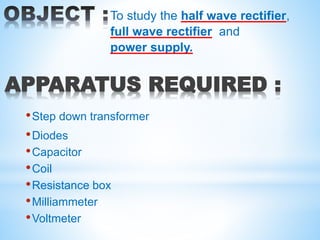 APPARATUS REQUIRED :
•Step down transformer
•Diodes
•Capacitor
•Coil
•Resistance box
•Milliammeter
•Voltmeter
To study the half wave rectifier,
full wave rectifier and
power supply.
 