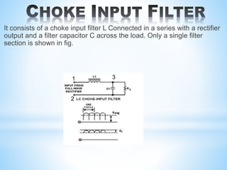 It consists of a choke input filter L Connected in a series with a rectifier
output and a filter capacitor C across the load. Only a single filter
section is shown in fig.
1
2
3
 