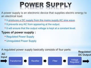 A power supply is an electronic device that supplies electric energy to
an electrical load.
• It produces a DC supply from the mains supply AC sine wave.
• It prevents any AC from appearing at the output.
• It will ensure that the output voltage is kept at a constant level.
Types of power supply :
• Regulated Power Supply
• Unregulated Power Supply
A regulated power supply basically consists of four parts:
Transformer Rectifier Filter
Voltage
Regulator
Regulated
DC Output
AC
Input
 