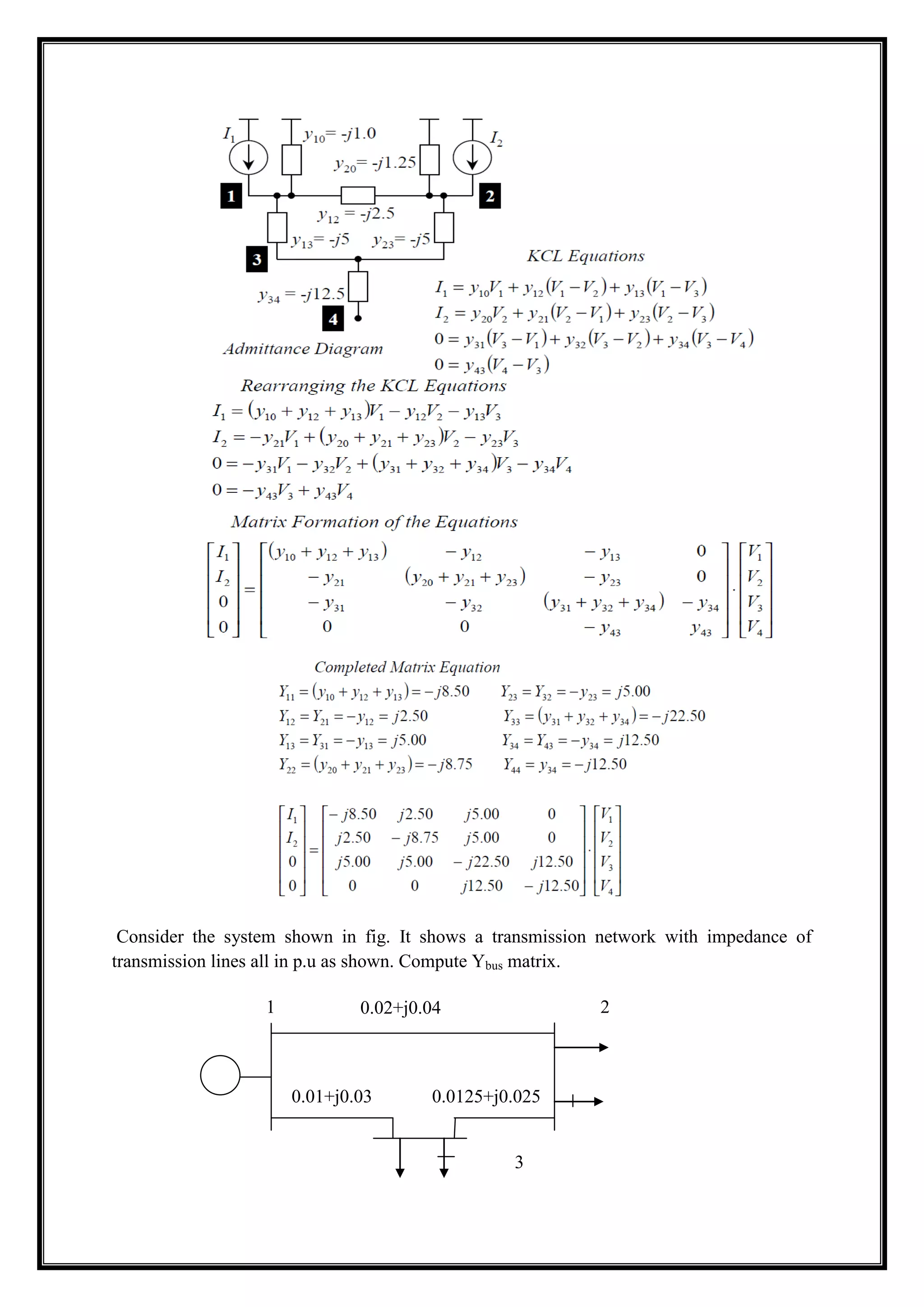 Consider the system shown in fig. It shows a transmission network with impedance of
transmission lines all in p.u as shown. Compute Ybus matrix.
0.02+j0.04
0.0125+j0.0250.01+j0.03
1 2
3
 
