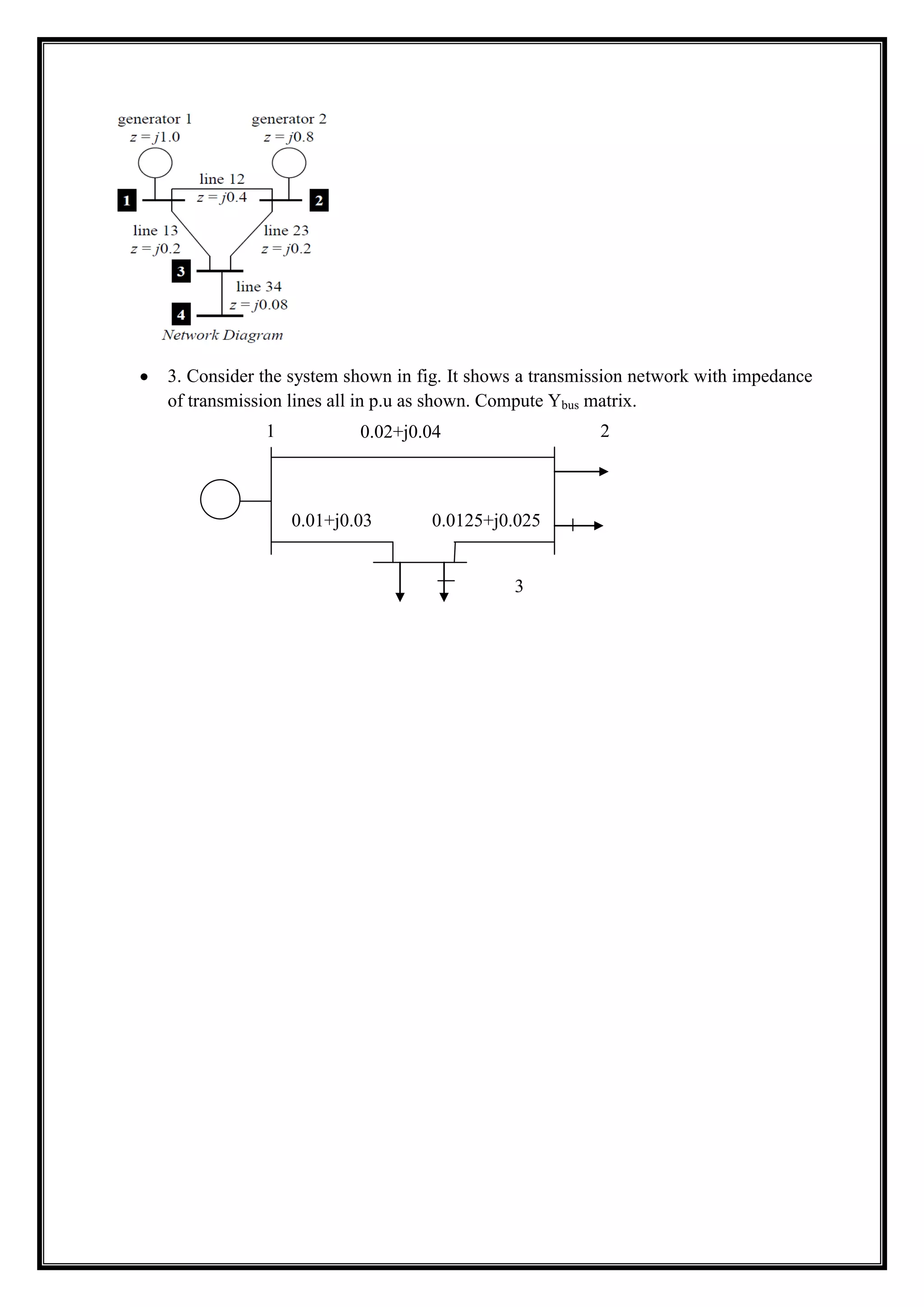 3. Consider the system shown in fig. It shows a transmission network with impedance
of transmission lines all in p.u as shown. Compute Ybus matrix.
0.02+j0.04
0.0125+j0.0250.01+j0.03
1 2
3
 