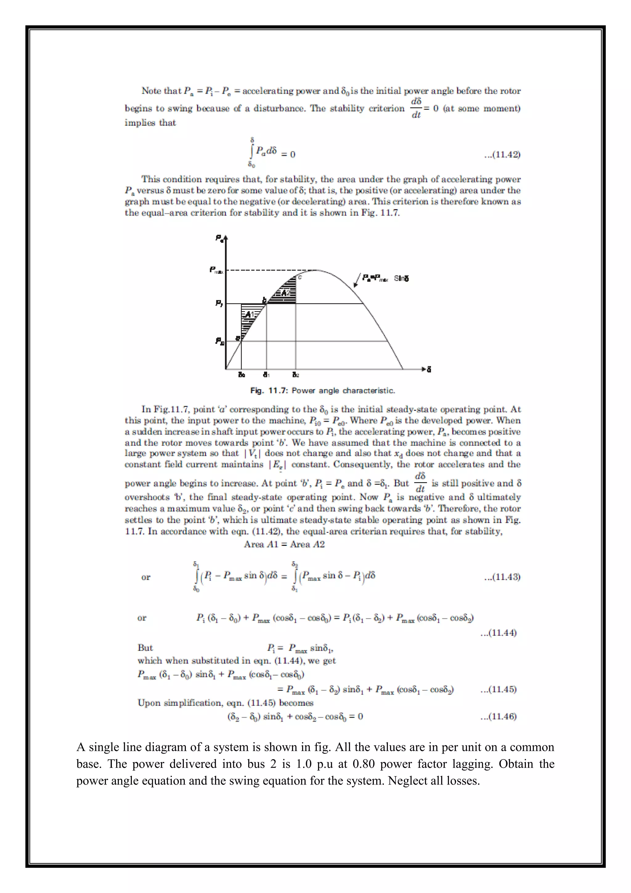 A single line diagram of a system is shown in fig. All the values are in per unit on a common
base. The power delivered into bus 2 is 1.0 p.u at 0.80 power factor lagging. Obtain the
power angle equation and the swing equation for the system. Neglect all losses.
 