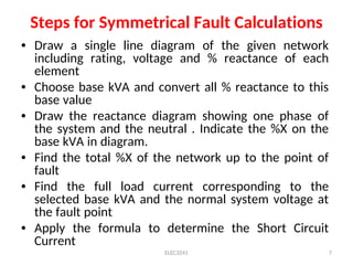 Steps for Symmetrical Fault Calculations
• Draw a single line diagram of the given network
including rating, voltage and % reactance of each
element
• Choose base kVA and convert all % reactance to this
base value
• Draw the reactance diagram showing one phase of
the system and the neutral . Indicate the %X on the
base kVA in diagram.
• Find the total %X of the network up to the point of
fault
• Find the full load current corresponding to the
selected base kVA and the normal system voltage at
the fault point
• Apply the formula to determine the Short Circuit
Current
ELEC3241 7
 