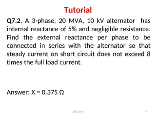 Tutorial
Q7.2. A 3-phase, 20 MVA, 10 kV alternator has
internal reactance of 5% and negligible resistance.
Find the external reactance per phase to be
connected in series with the alternator so that
steady current on short circuit does not exceed 8
times the full load current.
Answer: X = 0.375 Ω
ELEC3241 9
 