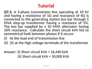 Tutorial
Q7.3. A 3-phase transmission line operating at 10 kV
and having a resistance of 1Ω and reactance of 4Ω is
connected to the generating station bus bar through 5
MVA step-up transformer having a reactance of 5%.
The bus bar supplied by a 10 MVA alternator having
10% reactance. Calculate the short circuit kVA fed to
symmetrical fault between phases if it occurs
(i) At the load end of transmission line
(ii) (ii) at the high voltage terminals of the transformer
Answer: (i) Short circuit kVA = 16,440 kVA
(ii) Short circuit kVA = 50,000 kVA
ELEC3241 10
 