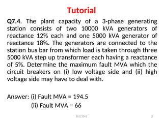 Tutorial
Q7.4. The plant capacity of a 3-phase generating
station consists of two 10000 kVA generators of
reactance 12% each and one 5000 kVA generator of
reactance 18%. The generators are connected to the
station bus bar from which load is taken through three
5000 kVA step up transformer each having a reactance
of 5%. Determine the maximum fault MVA which the
circuit breakers on (i) low voltage side and (ii) high
voltage side may have to deal with.
Answer: (i) Fault MVA = 194.5
(ii) Fault MVA = 66
ELEC3241 11
 