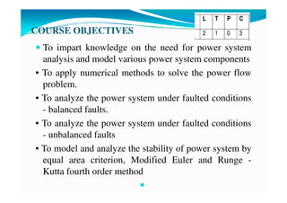 COURSE OBJECTIVES
To impart knowledge on the need for power system
analysis and model various power system components
• To apply numerical methods to solve the power flow
problem.
• To analyze the power system under faulted conditions
• To analyze the power system under faulted conditions
- balanced faults.
• To analyze the power system under faulted conditions
- unbalanced faults
• To model and analyze the stability of power system by
equal area criterion, Modified Euler and Runge -
Kutta fourth order method
 