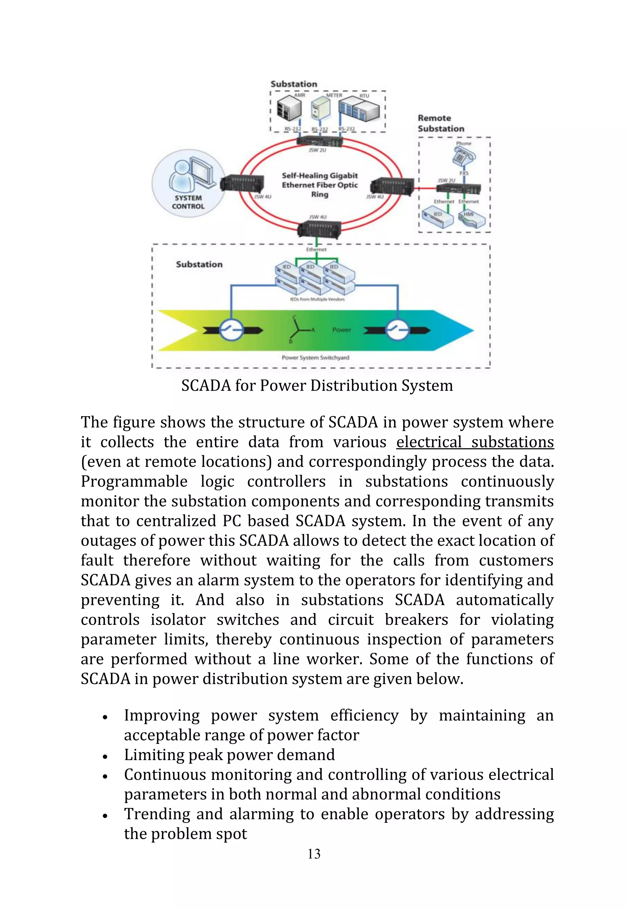13
SCADA for Power Distribution System
The figure shows the structure of SCADA in power system where
it collects the entire data from various electrical substations
(even at remote locations) and correspondingly process the data.
Programmable logic controllers in substations continuously
monitor the substation components and corresponding transmits
that to centralized PC based SCADA system. In the event of any
outages of power this SCADA allows to detect the exact location of
fault therefore without waiting for the calls from customers
SCADA gives an alarm system to the operators for identifying and
preventing it. And also in substations SCADA automatically
controls isolator switches and circuit breakers for violating
parameter limits, thereby continuous inspection of parameters
are performed without a line worker. Some of the functions of
SCADA in power distribution system are given below.
 Improving power system efficiency by maintaining an
acceptable range of power factor
 Limiting peak power demand
 Continuous monitoring and controlling of various electrical
parameters in both normal and abnormal conditions
 Trending and alarming to enable operators by addressing
the problem spot
 