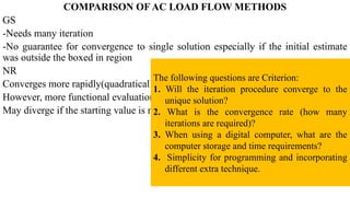 COMPARISON OF AC LOAD FLOW METHODS
GS
-Needs many iteration
-No guarantee for convergence to single solution especially if the initial estimate
was outside the boxed in region
NR
Converges more rapidly(quadratically) than GS meaning it needs less iteration
However, more functional evaluation are required during each iteration
May diverge if the starting value is not close enough to the root
The following questions are Criterion:
1. Will the iteration procedure converge to the
unique solution?
2. What is the convergence rate (how many
iterations are required)?
3. When using a digital computer, what are the
computer storage and time requirements?
4. Simplicity for programming and incorporating
different extra technique.
 
