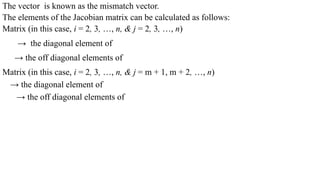The vector is known as the mismatch vector.
The elements of the Jacobian matrix can be calculated as follows:
Matrix (in this case, i = 2, 3, …, n, & j = 2, 3, …, n)
→ the diagonal element of
→ the off diagonal elements of
Matrix (in this case, i = 2, 3, …, n, & j = m + 1, m + 2, …, n)
→ the diagonal element of
→ the off diagonal elements of
 