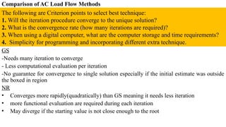 Comparison of AC Load Flow Methods
GS
-Needs many iteration to converge
- Less computational evaluation per iteration
-No guarantee for convergence to single solution especially if the initial estimate was outside
the boxed in region
NR
• Converges more rapidly(quadratically) than GS meaning it needs less iteration
• more functional evaluation are required during each iteration
• May diverge if the starting value is not close enough to the root
The following are Criterion points to select best technique:
1. Will the iteration procedure converge to the unique solution?
2. What is the convergence rate (how many iterations are required)?
3. When using a digital computer, what are the computer storage and time requirements?
4. Simplicity for programming and incorporating different extra technique.
 