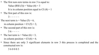 • The first non-zero terms in row 3 is equal to:
Value (RSI (3)) = Value (4) = 3
It is in column position equal to CI (4) = 1
• The first part of this row is:
3 – – – – –
The next term is = Value (5) = 6,
in column position = CI (5) = 2,
• The second part of this row is:
3 6 – – – –
• The last term is = Value (6) = 3,
in column position = CI (6) = 6.
• Since there are only 3 significant elements in row 3 this process is completed and the
constructed row is:
3 6 0 0 0 3
 