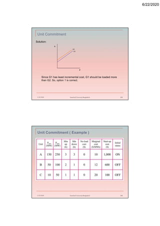 6/22/2020
Unit Commitment
Solution:
6/22/2020 Stamford University Bangladesh 205
P
IC
G2
G1
Since G1 has least incremental cost, G1 should be loaded more
than G2. So, option 1 is correct.
Unit Commitment ( Example )
6/22/2020 Stamford University Bangladesh 206
 