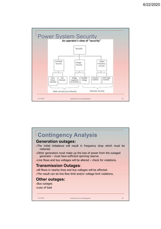 6/22/2020
Power System Security
6/22/2020 Stamford University Bangladesh 29
Contingency Analysis
6/22/2020 Stamford University Bangladesh 30
Generation outages:
The initial imbalance will result in frequency drop which must be
restored.
Other generators must make up the loss of power from the outaged
generator – must have sufficient spinning reserve.
Line flows and bus voltages will be altered – check for violations.
Transmission Outages:
All flows in nearby lines and bus voltages will be affected.
The result can be line flow limit and/or voltage limit violations.
Other outages:
Bus outages
Loss of load
 