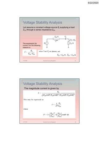 6/22/2020
Voltage Stability Analysis
6/22/2020 Stamford University Bangladesh 41
The expression for
current I for the following
network is
Let assume a constant voltage source Es supplying a load
ZLD through a series impedance ZLN.
Voltage Stability Analysis
6/22/2020 Stamford University Bangladesh 42
The magnitude current is given by
 
