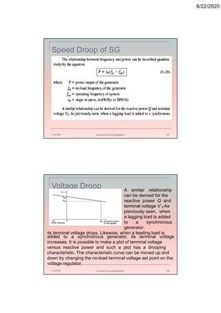 6/22/2020
Speed Droop of SG
6/22/2020 Stamford University Bangladesh 101
Voltage Droop
6/22/2020 Stamford University Bangladesh 102
A similar relationship
can be derived for the
reactive power Q and
terminal voltage V . AsT
previously seen, when
a lagging load is added
to a synchronous
generator.
its terminal voltage drops. Likewise, when a leading load is
added to a synchronous generator, its terminal voltage
increases. It is possible to make a plot of terminal voltage
versus reactive power and such a plot has a drooping
characteristic. The characteristic curve can be moved up and
down by changing the no-load terminal voltage set point on the
voltage regulator.
 