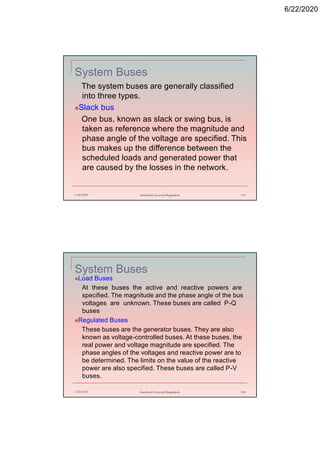 6/22/2020
System Buses
The system buses are generally classified
into three types.
Slack bus
One bus, known as slack or swing bus, is
taken as reference where the magnitude and
phase angle of the voltage are specified. This
bus makes up the difference between the
scheduled loads and generated power that
are caused by the losses in the network.
6/22/2020 Stamford University Bangladesh 119
System Buses
Load Buses
At these buses the active and reactive powers are
specified. The magnitude and the phase angle of the bus
voltages are unknown. These buses are called P-Q
buses
Regulated Buses
These buses are the generator buses. They are also
known as voltage-controlled buses. At these buses, the
real power and voltage magnitude are specified. The
phase angles of the voltages and reactive power are to
be determined. The limits on the value of the reactive
power are also specified. These buses are called P-V
buses.
6/22/2020 Stamford University Bangladesh 120
 