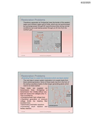 6/22/2020
Restoration Problems
Therefore a generator at Vindyachal (near the border of the western
region and northern region grid of India, which are not synchronised
but exchange power through DC asynchronous links during normal
conditions) can avail startup power through an AC line from the
northern grid.
6/22/2020 Stamford University Bangladesh 195
Restoration Problems
Extending Power to Loads from Generators which are black-started
The next step in power system restoration is to supply loads from
black-started generators. Some of these loads may be in the form of
the startup (auxiliary) loads of other larger generating plants which
need to be black-started.
6/22/2020 Stamford University Bangladesh 196
These loads are supplied via
transmission lines. Enregising a
transmission line initially without any
load can cause over-voltages (why ?).
This is avoided by:
Energising fewer high voltage lines
Operating generators at minimum
voltage levels (by keeping filed
excitation low).
Deactivating switchable capacitors
Connecting shunt reactors and
tertiary reactors.
 