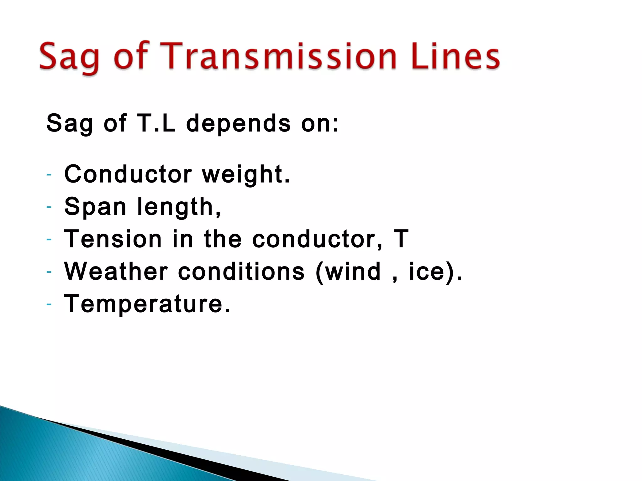Sag of T.L depends on:
- Conductor weight.
- Span length,
- Tension in the conductor, T
- Weather conditions (wind , ice).
- Temperature.
 