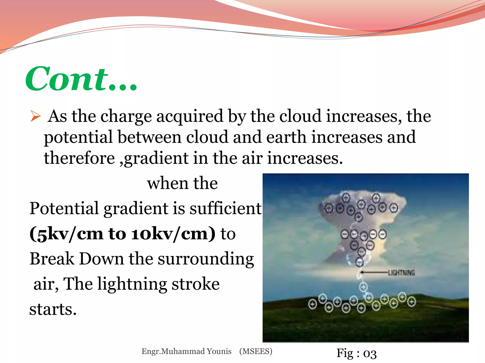 Cont… 
 As the charge acquired by the cloud increases, the 
potential between cloud and earth increases and 
therefore ,gradient in the air increases. 
when the 
Potential gradient is sufficient 
(5kv/cm to 10kv/cm) to 
Break Down the surrounding 
air, The lightning stroke 
starts. 
Engr.Muhammad Younis (MSEES) Fig : 03 
 