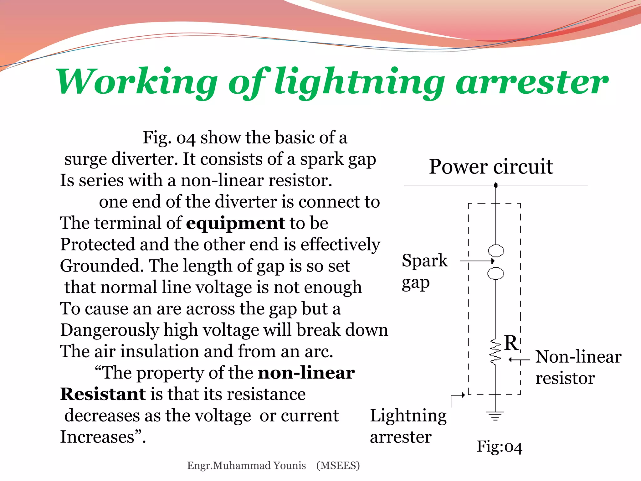 Working of lightning arrester 
Power circuit 
R 
Non-linear 
resistor 
Spark 
gap 
Lightning 
arrester 
Fig:04 
Fig. o4 show the basic of a 
surge diverter. It consists of a spark gap 
Is series with a non-linear resistor. 
one end of the diverter is connect to 
The terminal of equipment to be 
Protected and the other end is effectively 
Grounded. The length of gap is so set 
that normal line voltage is not enough 
To cause an are across the gap but a 
Dangerously high voltage will break down 
The air insulation and from an arc. 
“The property of the non-linear 
Resistant is that its resistance 
decreases as the voltage or current 
Increases”. 
Engr.Muhammad Younis (MSEES) 
 