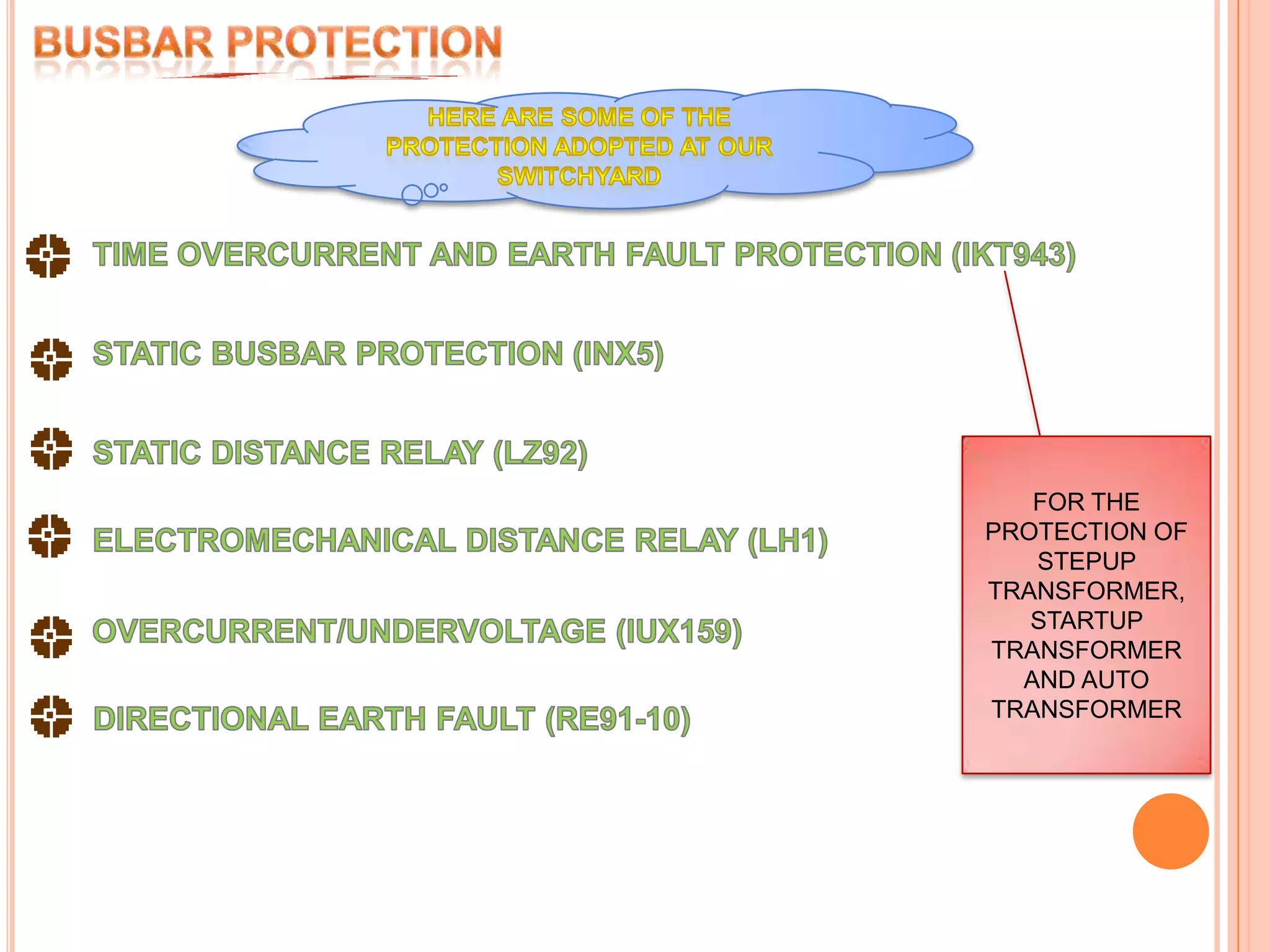 BUSBAR PROTECTIONHERE ARE SOME OF THE PROTECTION ADOPTED AT OUR SWITCHYARDTIME OVERCURRENT AND EARTH FAULT PROTECTION (IKT943)STATIC BUSBAR PROTECTION (INX5)STATIC DISTANCE RELAY (LZ92)FOR THE PROTECTION OF STEPUP TRANSFORMER, STARTUP TRANSFORMER AND AUTO TRANSFORMERELECTROMECHANICAL DISTANCE RELAY (LH1)OVERCURRENT/UNDERVOLTAGE (IUX159)DIRECTIONAL EARTH FAULT (RE91-10)