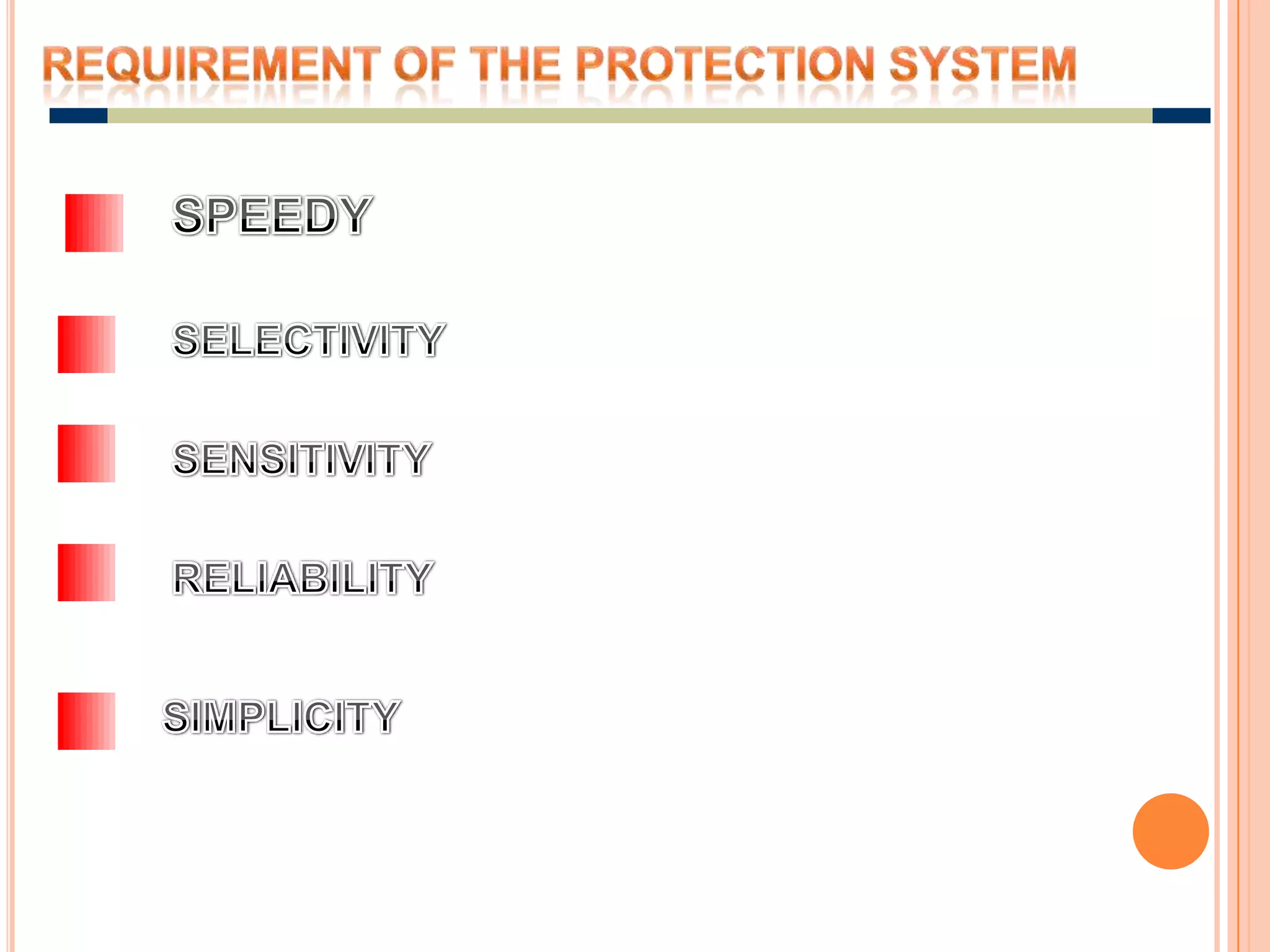 REQUIREMENT OF THE PROTECTION SYSTEMSPEEDYSELECTIVITYSENSITIVITYRELIABILITYSIMPLICITY