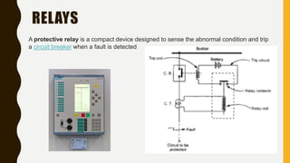 RELAYS
A protective relay is a compact device designed to sense the abnormal condition and trip
a circuit breaker when a fault is detected
 