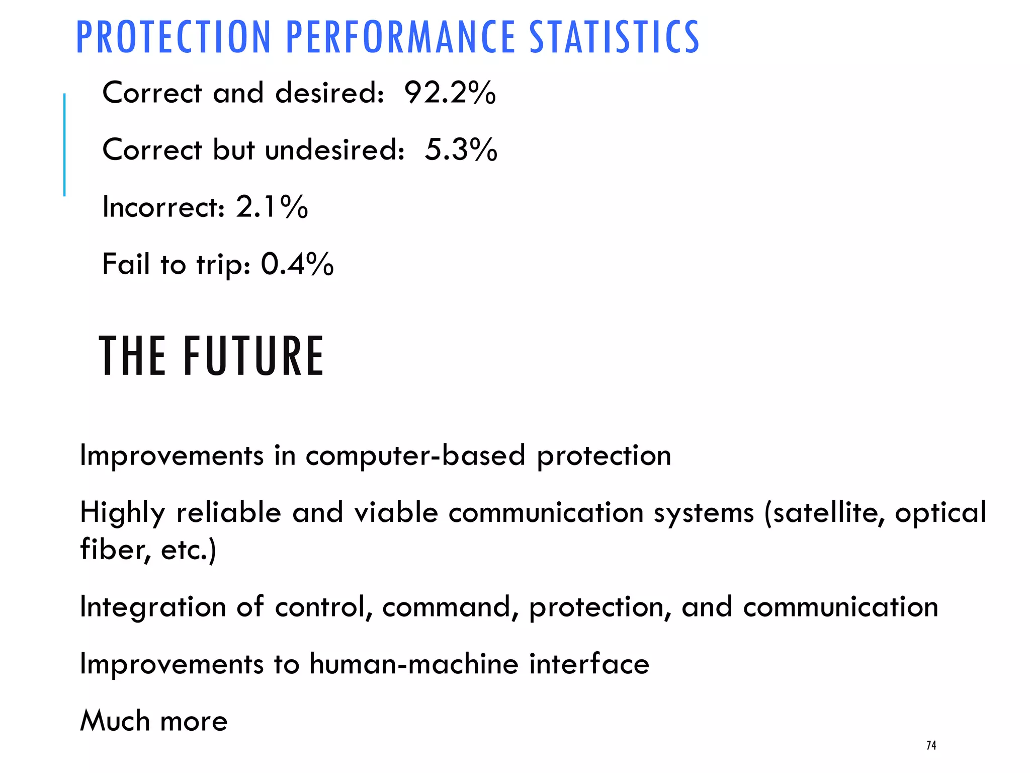 PROTECTION PERFORMANCE STATISTICS
Correct and desired: 92.2%
Correct but undesired: 5.3%
Incorrect: 2.1%
Fail to trip: 0.4%
74
THE FUTURE
Improvements in computer-based protection
Highly reliable and viable communication systems (satellite, optical
fiber, etc.)
Integration of control, command, protection, and communication
Improvements to human-machine interface
Much more
 