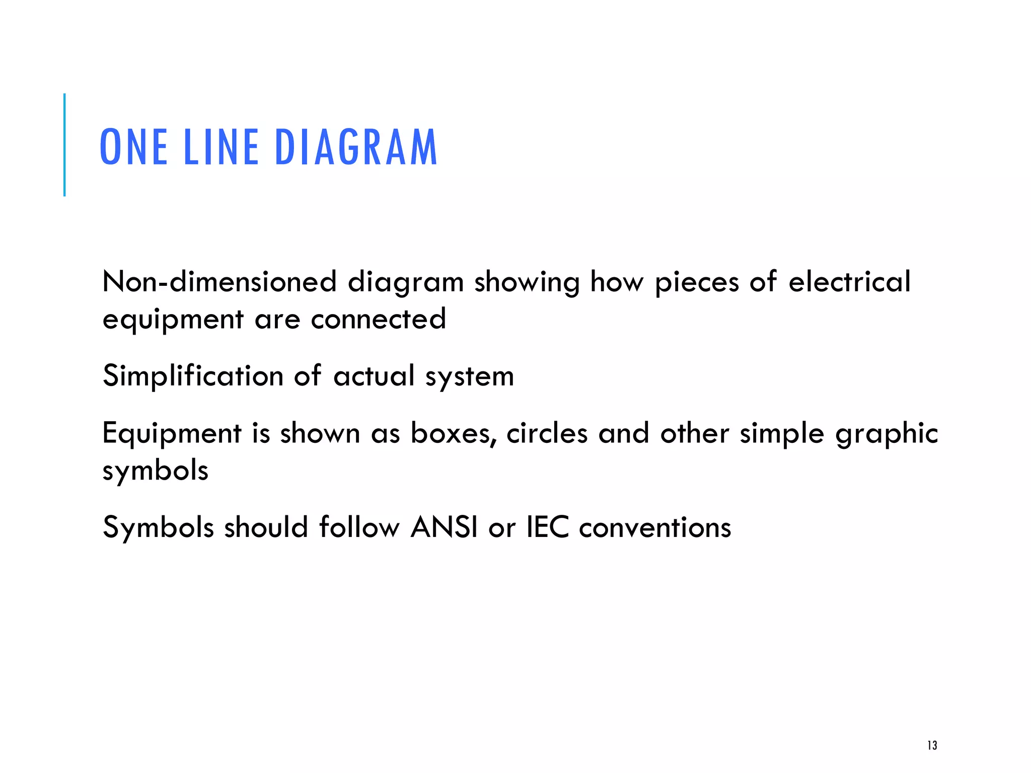 ONE LINE DIAGRAM
Non-dimensioned diagram showing how pieces of electrical
equipment are connected
Simplification of actual system
Equipment is shown as boxes, circles and other simple graphic
symbols
Symbols should follow ANSI or IEC conventions
13
 