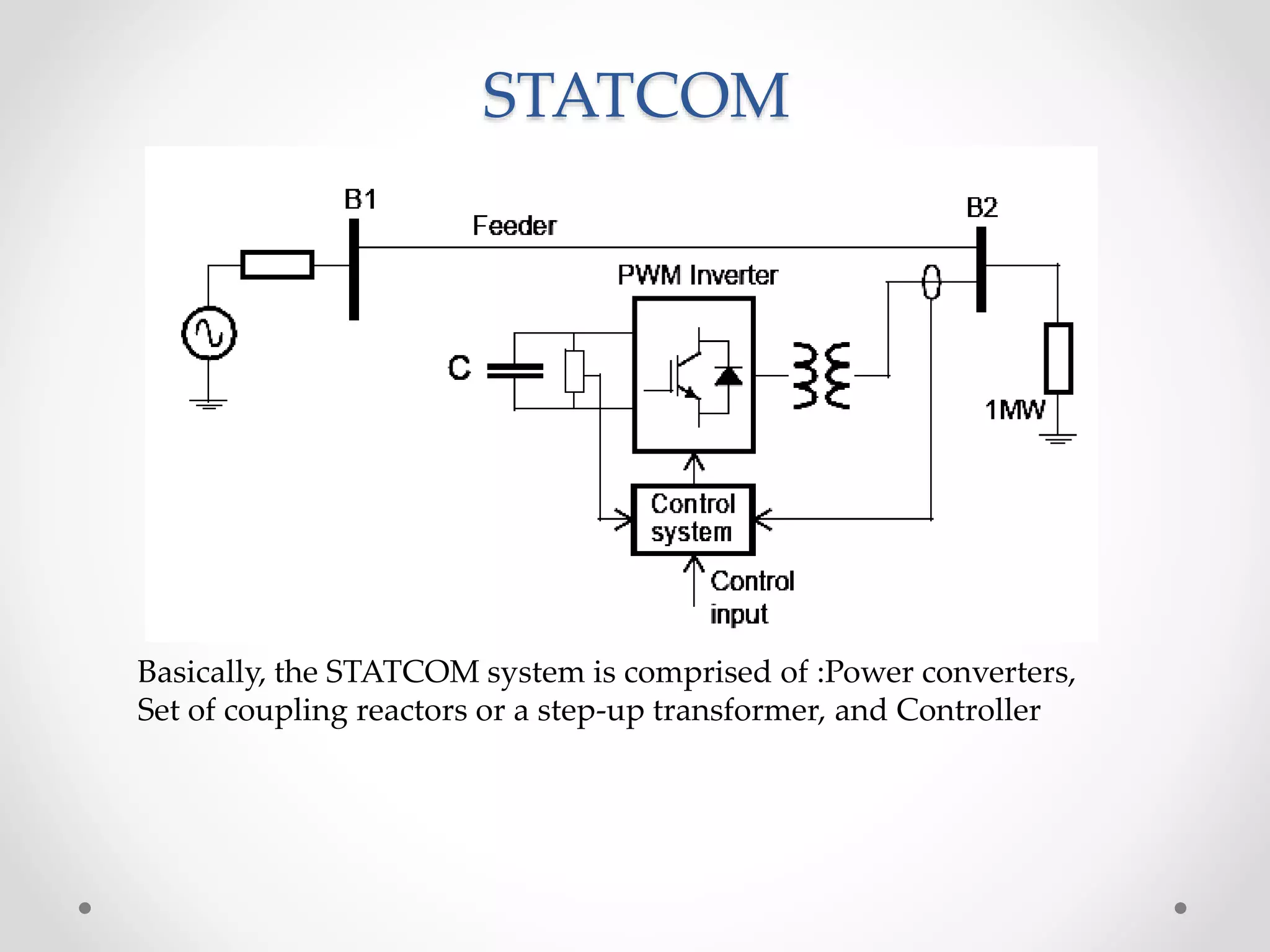 STATCOM
Basically, the STATCOM system is comprised of :Power converters,
Set of coupling reactors or a step-up transformer, and Controller
 