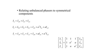 • Relating unbalanced phasors to symmetrical
components
0 1 2
a a a a
I I I I
  
2
0 1 2 0 1 2
b b b b a a a
I I I I I a I aI
     
2
0 1 2 0 1 2
c c c c a a a
I I I I I aI a I
     
0
2
1
2
2
1 1 1
1
1
a a
b a
c a
I I
I a a I
I a a I
     
     

     
     
     
 