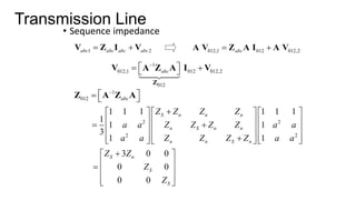 Transmission Line
• Sequence impedance
1 2
abc abc abc abc
 
V Z I V 012,1 012 012,2
abc
 
A V Z A I A V
1
012,1 012 012,2
012
abc

 
 
 
Z
V A Z A I V
1
012 abc

 
  
Z A Z A
2 2
2 2
1 1 1 1 1 1
1
1 1
3
1 1
S n n n
n S n n
n n S n
Z Z Z Z
a a Z Z Z Z a a
a a Z Z Z Z a a

     
     
 
     
     

     
3 0 0
0 0
0 0
S n
S
S
Z Z
Z
Z

 
 
  
 
 
 