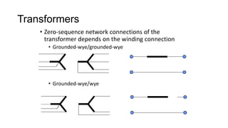 Transformers
• Zero-sequence network connections of the
transformer depends on the winding connection
• Grounded-wye/grounded-wye
• Grounded-wye/wye
 